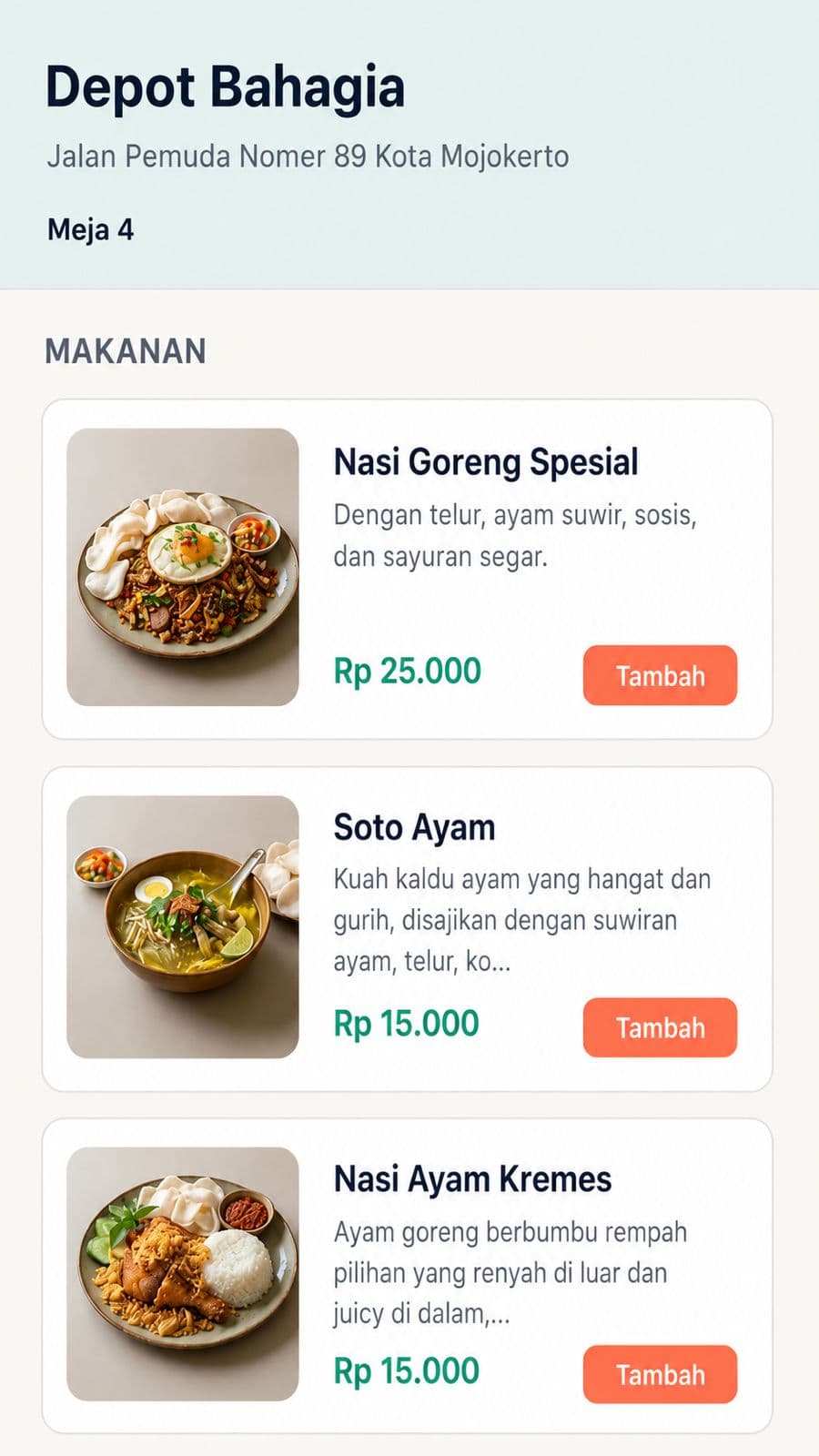 Tampilan menu etalase ORDENA di HP pelanggan