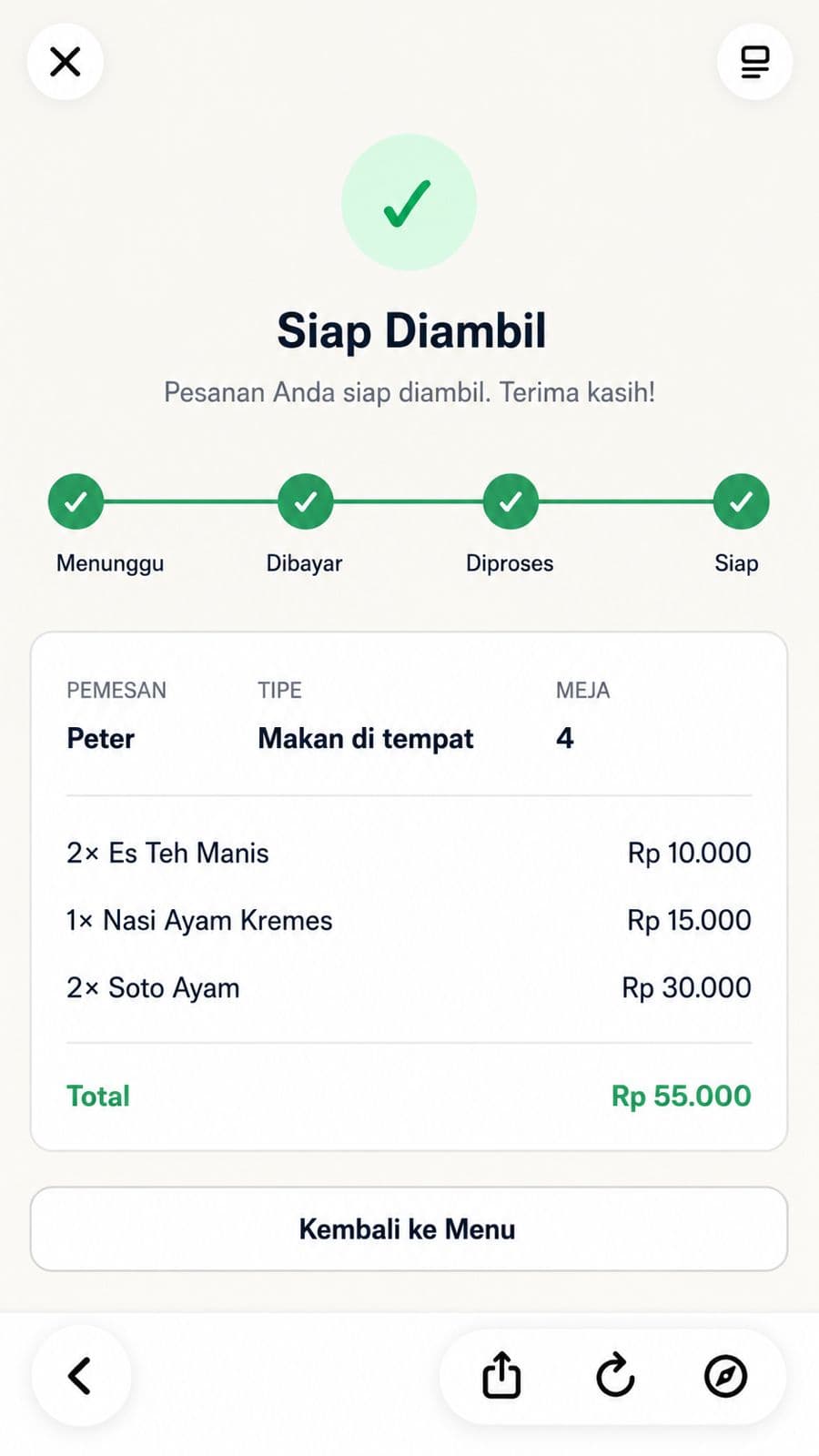 Halaman status pesanan siap diambil